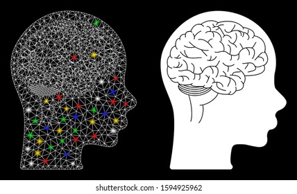 Glossy mesh brain icon with glare effect. Abstract illuminated model of brain. Shiny wire frame polygonal mesh brain icon. Vector abstraction on a black background.