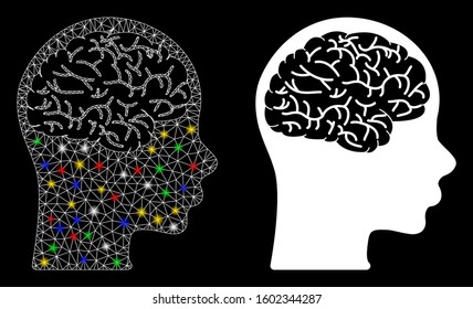 Glossy mesh brain icon with glare effect. Abstract illuminated model of brain. Shiny wire frame polygonal mesh brain icon. Vector abstraction on a black background.