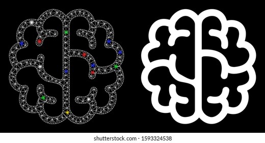 Glossy mesh brain icon with sparkle effect. Abstract illuminated model of brain. Shiny wire frame triangular mesh brain icon. Vector abstraction on a black background.