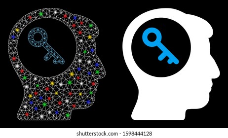 Glossy mesh brain key icon with sparkle effect. Abstract illuminated model of brain key. Shiny wire frame triangular mesh brain key icon. Vector abstraction on a black background.