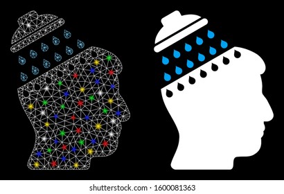 Glossy mesh brain shower icon with sparkle effect. Abstract illuminated model of brain shower. Shiny wire frame triangular mesh brain shower icon. Vector abstraction on a black background.