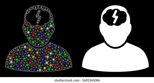 Glossy mesh brainstorm icon with glitter effect. Abstract illuminated model of brainstorm. Shiny wire frame triangular mesh brainstorm icon. Vector abstraction on a black background.