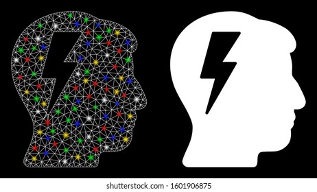 Glossy mesh brainstorming icon with glow effect. Abstract illuminated model of brainstorming. Shiny wire frame triangular mesh brainstorming icon. Vector abstraction on a black background.