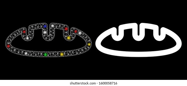 Glossy mesh bread icon with glow effect. Abstract illuminated model of bread. Shiny wire frame polygonal mesh bread icon. Vector abstraction on a black background.