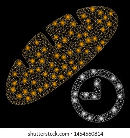 Glossy mesh bread lunch time with glow effect. Abstract illuminated model of bread lunch time icon. Shiny wire carcass polygonal network bread lunch time. Vector abstraction on a black background.