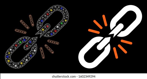 Glossy mesh break chain link icon with sparkle effect. Abstract illuminated model of break chain link. Shiny wire frame triangular mesh break chain link icon. Vector abstraction on a black background.