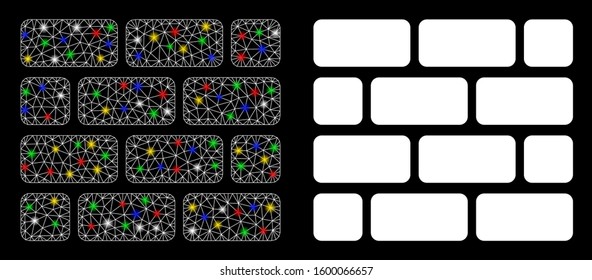 Glossy mesh brick wall icon with sparkle effect. Abstract illuminated model of brick wall. Shiny wire carcass triangular mesh brick wall icon. Vector abstraction on a black background.