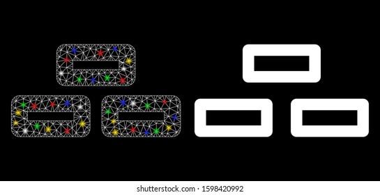 Glossy mesh bricks icon with glare effect. Abstract illuminated model of bricks. Shiny wire carcass triangular mesh bricks icon. Vector abstraction on a black background.