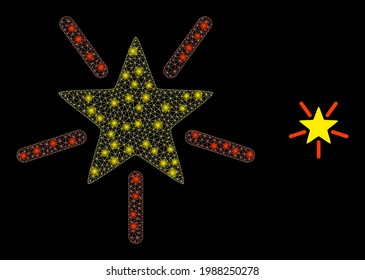 Glossy mesh bright star with light spots. Vector carcass created from bright star icon. Glossy carcass polygonal bright star on a black background.