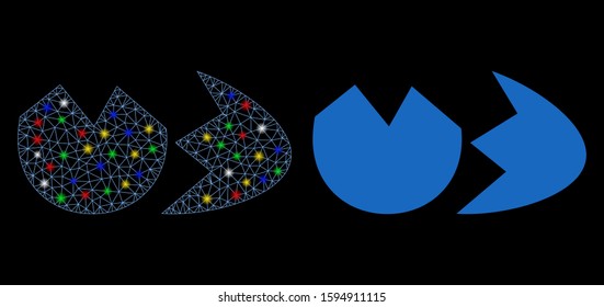 Glossy mesh broken eggshell icon with sparkle effect. Abstract illuminated model of broken eggshell. Shiny wire frame triangular mesh broken eggshell icon. Vector abstraction on a black background.