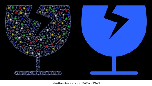 Glossy mesh broken glass cup icon with sparkle effect. Abstract illuminated model of broken glass cup. Shiny wire frame triangular mesh broken glass cup icon. Vector abstraction on a black background.