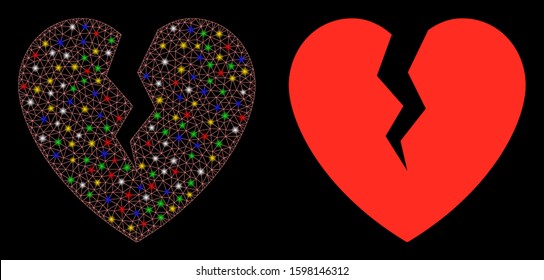 Glossy mesh broken heart icon with glare effect. Abstract illuminated model of broken heart. Shiny wire frame polygonal network broken heart icon. Vector abstraction on a black background.