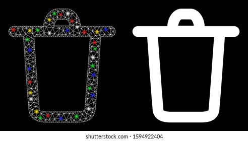 Glossy mesh bucket icon with glitter effect. Abstract illuminated model of bucket. Shiny wire frame triangular mesh bucket icon. Vector abstraction on a black background.