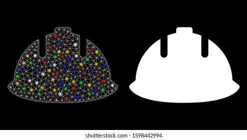 Glossy mesh builder helmet icon with sparkle effect. Abstract illuminated model of builder helmet. Shiny wire frame polygonal mesh builder helmet icon. Vector abstraction on a black background.