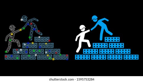 Glossy mesh builder stairs help icon with lightspot effect. Abstract illuminated model of builder stairs help. Shiny wire frame triangular mesh builder stairs help icon.