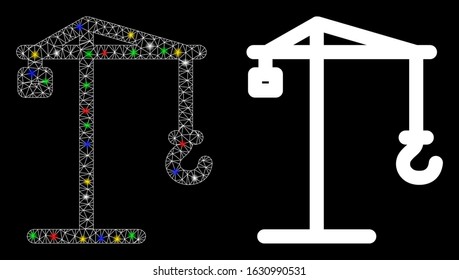 Glossy mesh building crane icon with glow effect. Abstract illuminated model of building crane. Shiny wire carcass triangular mesh building crane icon. Vector abstraction on a black background.