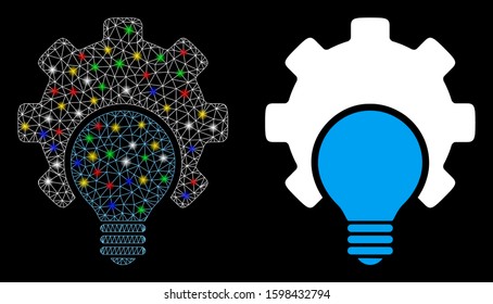 Glossy mesh bulb configuration gear icon with lightspot effect. Abstract illuminated model of bulb configuration gear. Shiny wire frame triangular network bulb configuration gear icon.