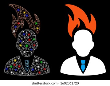 Glossy mesh burn businessman head icon with sparkle effect. Abstract illuminated model of burn businessman head. Shiny wire carcass triangular mesh burn businessman head icon.