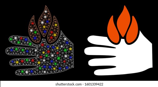 Glossy mesh burn hand icon with glare effect. Abstract illuminated model of burn hand. Shiny wire frame triangular network burn hand icon. Vector abstraction on a black background.
