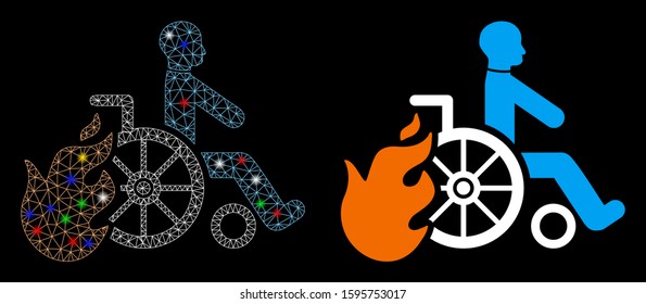 Glossy mesh burn patient icon with glitter effect. Abstract illuminated model of burn patient. Shiny wire carcass polygonal network burn patient icon. Vector abstraction on a black background.