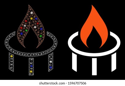 Glossy mesh burner nozzle flame icon with glare effect. Abstract illuminated model of burner nozzle flame. Shiny wire frame polygonal network burner nozzle flame icon.