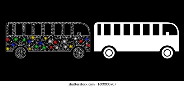 Glossy mesh bus icon with lightspot effect. Abstract illuminated model of bus. Shiny wire carcass polygonal mesh bus icon. Vector abstraction on a black background.