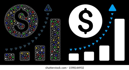 Glossy mesh business bar chart positive trend icon with glitter effect. Abstract illuminated model of business bar chart positive trend.