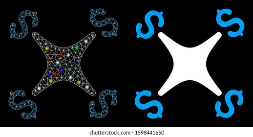 Glossy mesh business drone icon with lightspot effect. Abstract illuminated model of business drone. Shiny wire carcass polygonal mesh business drone icon. Vector abstraction on a black background.