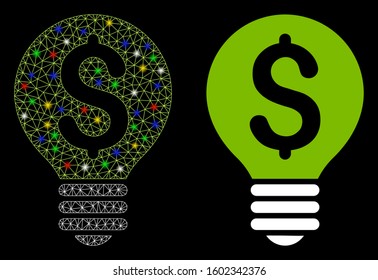 Glossy mesh business idea icon with lightspot effect. Abstract illuminated model of business idea. Shiny wire frame triangular mesh business idea icon. Vector abstraction on a black background.