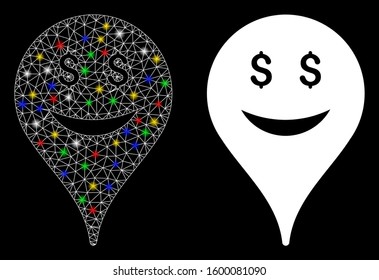 Glossy mesh business smiley map marker icon with sparkle effect. Abstract illuminated model of business smiley map marker. Shiny wire carcass triangular mesh business smiley map marker icon.