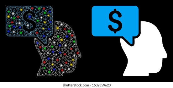 Glossy mesh businessman idea icon with glow effect. Abstract illuminated model of businessman idea. Shiny wire carcass triangular network businessman idea icon.
