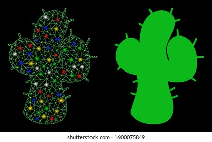 Glossy mesh cacti icon with lightspot effect. Abstract illuminated model of cacti. Shiny wire frame triangular mesh cacti icon. Vector abstraction on a black background.