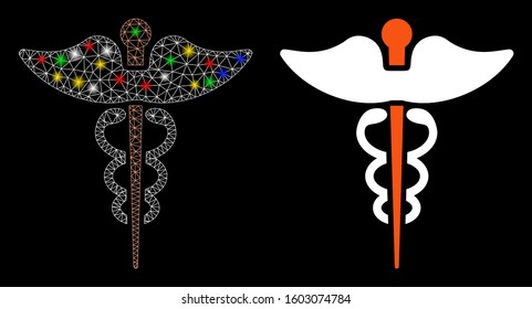 Glossy mesh caduceus icon with glitter effect. Abstract illuminated model of caduceus. Shiny wire carcass triangular mesh caduceus icon. Vector abstraction on a black background.