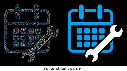 Glossy mesh calendar configure icon with sparkle effect. Abstract illuminated model of calendar configure. Shiny wire carcass triangular mesh calendar configure icon.