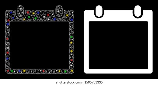 Glossy mesh calendar frame icon with glare effect. Abstract illuminated model of calendar frame. Shiny wire carcass triangular mesh calendar frame icon. Vector abstraction on a black background.