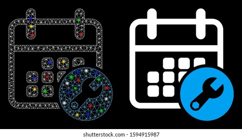 Glossy mesh calendar setup icon with glare effect. Abstract illuminated model of calendar setup. Shiny wire carcass polygonal mesh calendar setup icon. Vector abstraction on a black background.