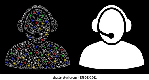 Glossy mesh call center icon with lightspot effect. Abstract illuminated model of call center. Shiny wire frame polygonal network call center icon. Vector abstraction on a black background.