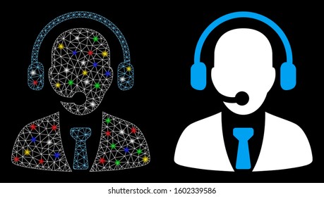 Glossy mesh call center icon with lightspot effect. Abstract illuminated model of call center. Shiny wire carcass polygonal mesh call center icon. Vector abstraction on a black background.