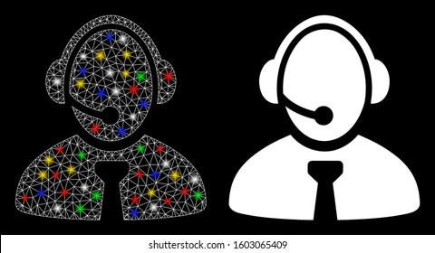 Glossy mesh call center manager icon with glitter effect. Abstract illuminated model of call center manager. Shiny wire carcass triangular mesh call center manager icon.