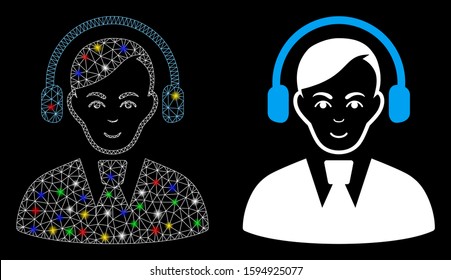 Glossy mesh call center operator icon with glare effect. Abstract illuminated model of call center operator. Shiny wire carcass polygonal network call center operator icon.