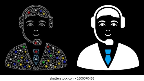 Glossy mesh call center operator icon with glow effect. Abstract illuminated model of call center operator. Shiny wire carcass triangular network call center operator icon.