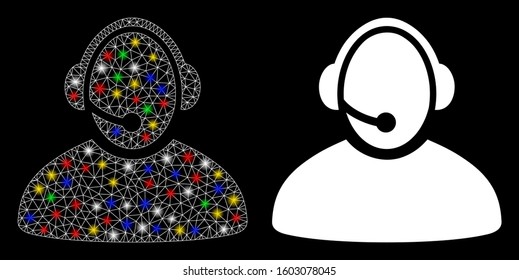 Glossy mesh call center operator icon with glare effect. Abstract illuminated model of call center operator. Shiny wire frame triangular mesh call center operator icon.