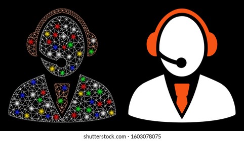 Glossy mesh call center worker icon with glow effect. Abstract illuminated model of call center worker. Shiny wire carcass triangular mesh call center worker icon.
