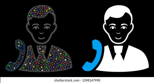 Glossy mesh call manager icon with glare effect. Abstract illuminated model of call manager. Shiny wire frame polygonal mesh call manager icon. Vector abstraction on a black background.