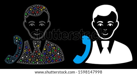Glossy mesh call manager icon with glare effect. Abstract illuminated model of call manager. Shiny wire frame polygonal mesh call manager icon. Vector abstraction on a black background.