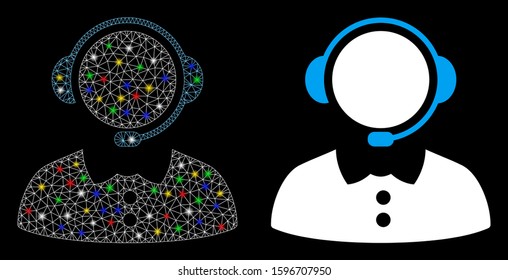 Glossy mesh call operator icon with lightspot effect. Abstract illuminated model of call operator. Shiny wire carcass polygonal mesh call operator icon. Vector abstraction on a black background.