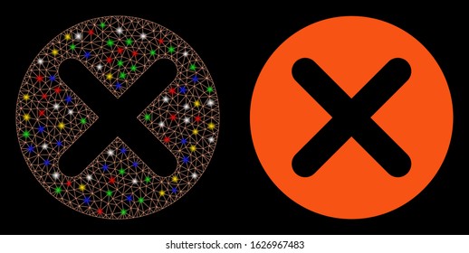 Glossy mesh cancel icon with glow effect. Abstract illuminated model of cancel. Shiny wire carcass triangular mesh cancel icon. Vector abstraction on a black background.