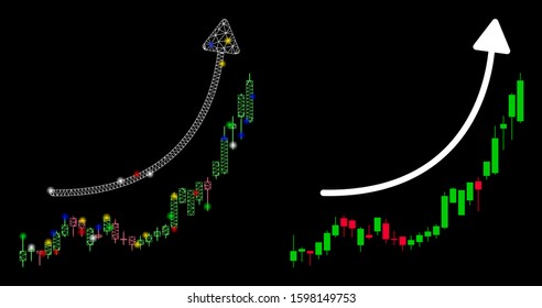 Glossy mesh candlestick chart growth trend icon with glow effect. Abstract illuminated model of candlestick chart growth trend. Shiny wire frame polygonal mesh candlestick chart growth trend icon.