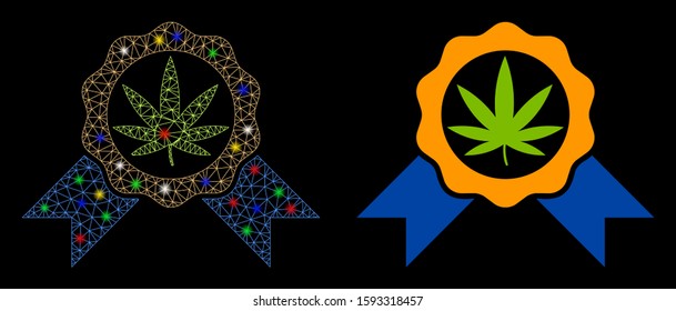 Glossy mesh cannabis legalize icon with glare effect. Abstract illuminated model of cannabis legalize. Shiny wire carcass polygonal mesh cannabis legalize icon.