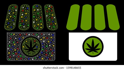 Glossy mesh cannabis shop icon with glitter effect. Abstract illuminated model of cannabis shop. Shiny wire frame polygonal mesh cannabis shop icon. Vector abstraction on a black background.